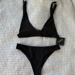 Zaful Black Ribbed V-Neck Bikini Set